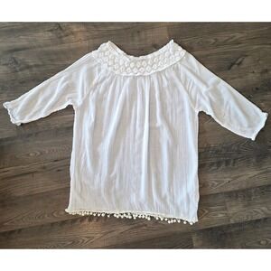 Azucar White Crochet Lace Neck Pom Pom Hem Crinkle Tunic Top XL Womens Boho